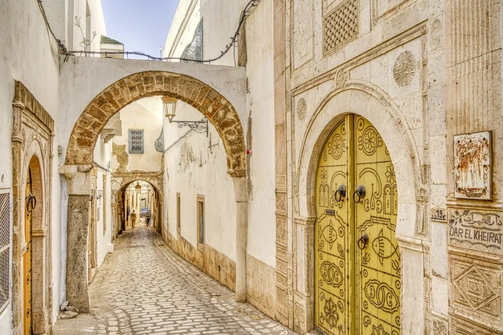 Callejón empedrado en la medina de Túnez, con un portón tradicional decorado.